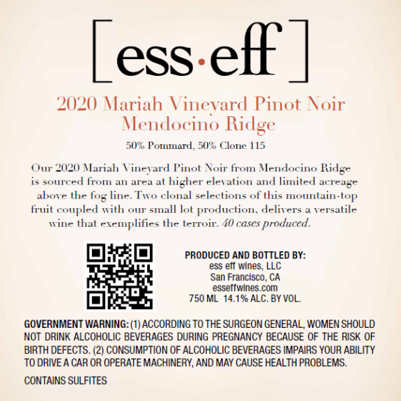 Photo for: [ess•eff] 2020 Mariah Vineyard Pinot Noir